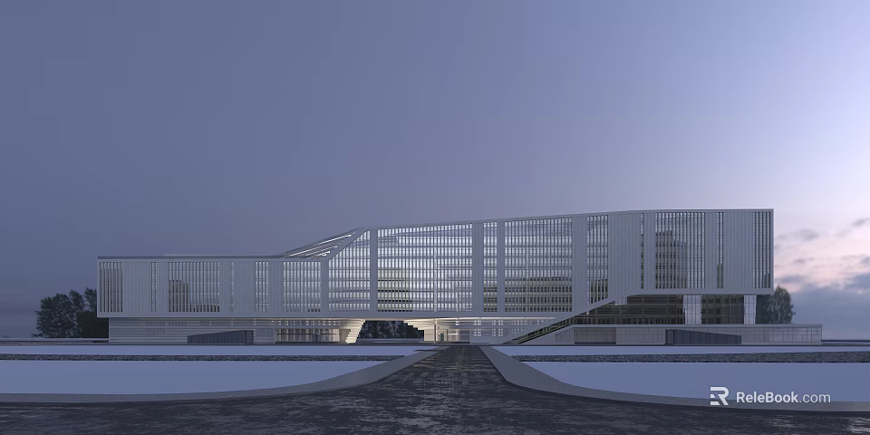 Modern White Library Building With Streamlined Design Glass Curtain Wall And Snowy Ground Entrance Steps 3d model 