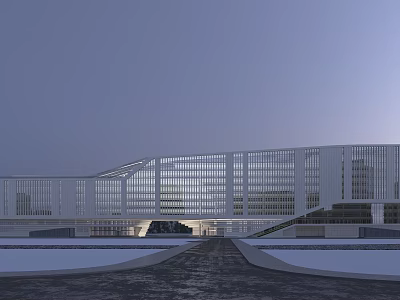 Modern White Library Building With Streamlined Design Glass Curtain Wall And Snowy Ground Entrance Steps 3d model