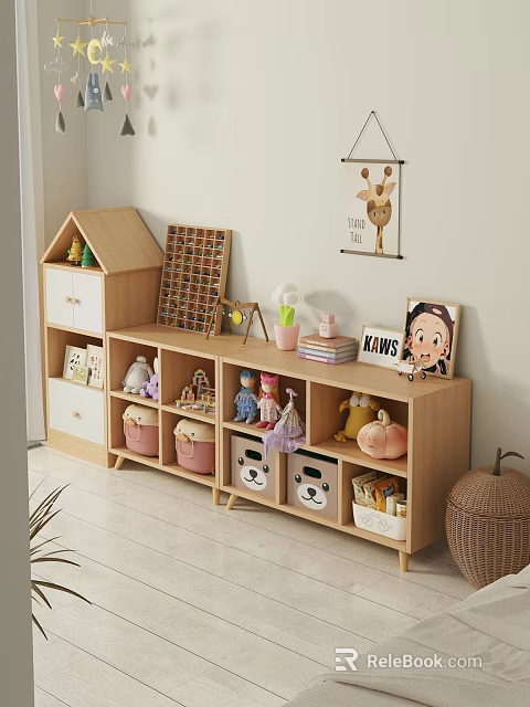 Wooden Storage Shelf With Small House Cabinet Stuffed Toys Baskets Books And Deer Poster 3d model 