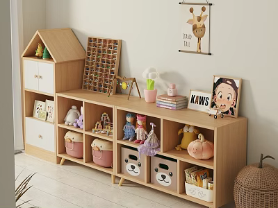 Wooden Storage Shelf With Small House Cabinet Stuffed Toys Baskets Books And Deer Poster 3d model