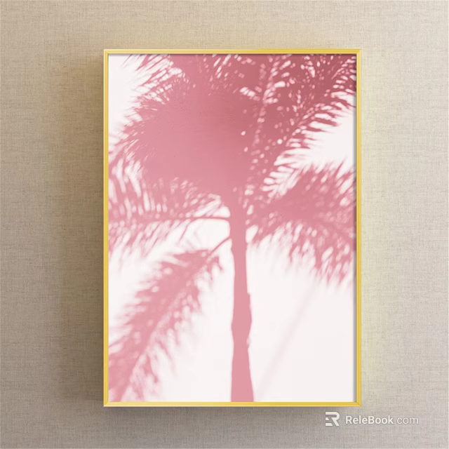 Pink Palm Tree Silhouette Plant Painting With Golden Frame And Light Background 3d model 