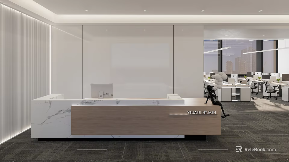 Modern Office Reception Design With Marble And Wooden Desk Glass Partitions And City View 3d model 