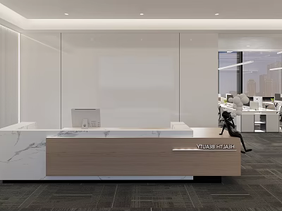 Modern Office Reception Design With Marble And Wooden Desk Glass Partitions And City View 3d model