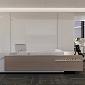 Modern Office Reception Design With Marble And Wooden Desk Glass Partitions And City View