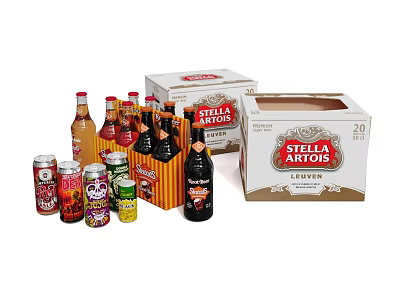 Stella Artois Lager Beer With Bottles Cans And Packaging Boxes Display Collection 3d model