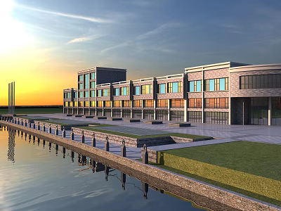 Modern Waterfront Commercial Complex With Sunset Glass Facade Green Space And Plaza 3d model