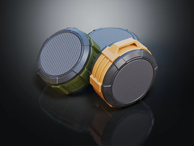 Modern Round Portable Speakers In Green And Orange With Durable Casing Design 3d model