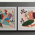 Two Panel Abstract Paintings Featuring Colorful Framed Floral Elements And Human Figures 3d model