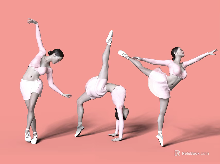 Women Performing Dance Poses On Pink Background In Pink Dance Outfits With White Ballet Shoes 3d model 
