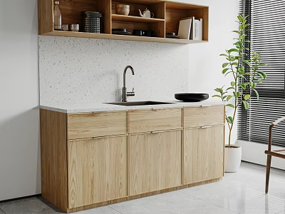 Wooden Sideboard with Countertop Faucet Black Bowl and Open Shelves Near Green Plant 3d model