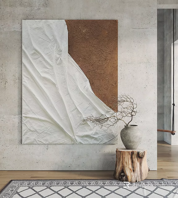 Minimalist Interior Abstract Painting White Crumpled Fabric Brown Textured Section Gray Vase On Tree Stump 3d model 