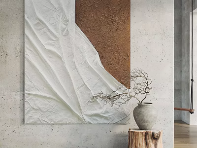 Minimalist Interior Abstract Painting White Crumpled Fabric Brown Textured Section Gray Vase On Tree Stump 3d model