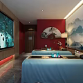 Chinese Style SPA Sauna Room with Wooden Loungers Landscape Painting and Green Curtains