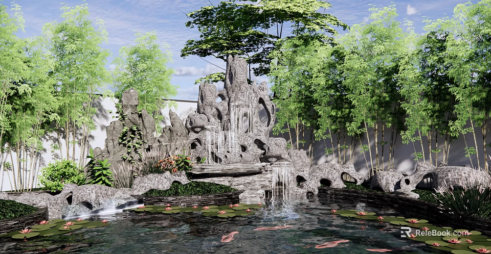 Natural Rockery Stones With Waterfall Pond Koi Fish And Bamboo Plants Garden Landscape 3d model 
