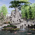 Natural Rockery Stones With Waterfall Pond Koi Fish And Bamboo Plants Garden Landscape