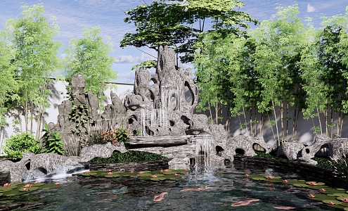 New Chinese-style rockery falling water scene Taihu Lake stone rockery landscape stone garden pool plant combination water lily koi 3d model