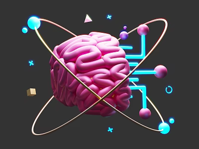 Abstract Pink Brain Visualization with Golden Orbits Blue Purple Spheres Geometric Shapes and Blue Lines 3d model