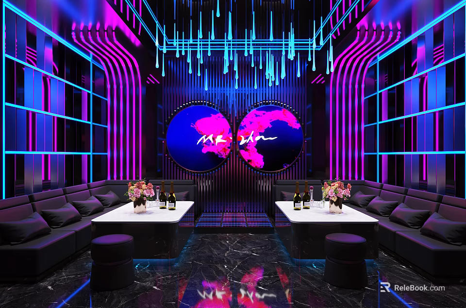 Stylish KTV Interior Design With Neon Lights Comfortable Sofas And Tables 3d model