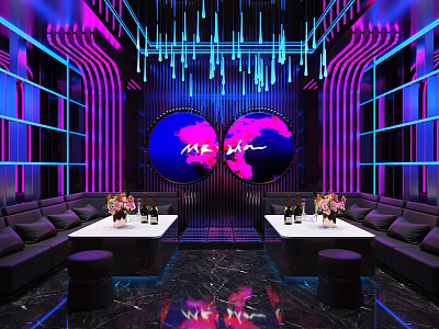 Stylish KTV Interior Design With Neon Lights Comfortable Sofas And Tables 3d model