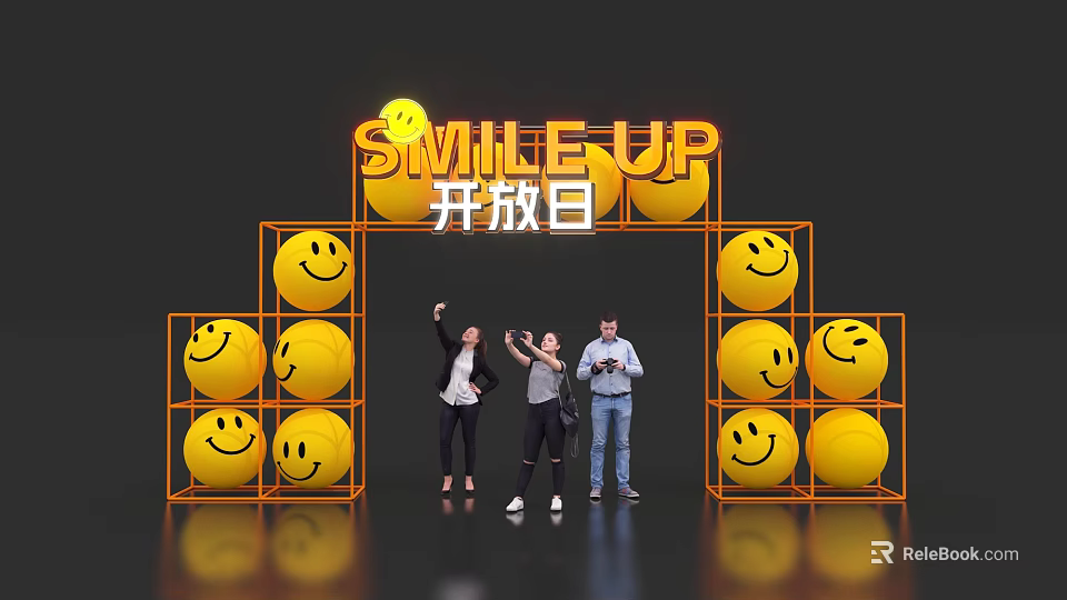 SMILE UP Open Day Event Entrance With Yellow Smiley Balls And People Taking 3d model 