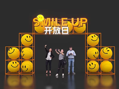 SMILE UP Open Day Event Entrance With Yellow Smiley Balls And People Taking 3d model