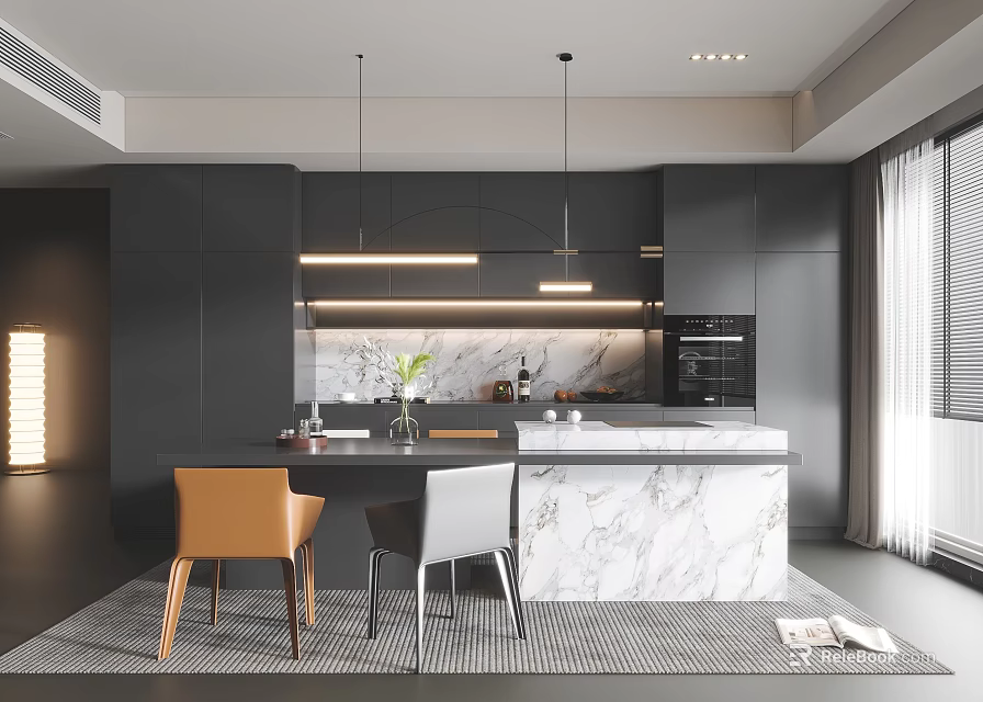 Modern Restaurant Kitchen Interior With Black Cabinets Marble Island Pendant Lights And Orange White Chairs 3d model 