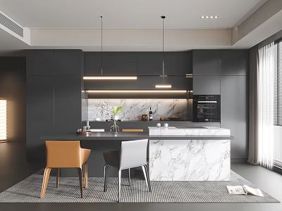 Modern Restaurant Kitchen Interior With Black Cabinets Marble Island Pendant Lights And Orange White Chairs 3d model