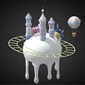 Cartoon Castle Scene Featuring Colorful Towers Hot Air Balloon Circular Track Small Pumpkin And Flowers