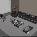 Modern Black Leather L-shaped Sofa and Coffee Table Set with Marble Top and Striped Rug