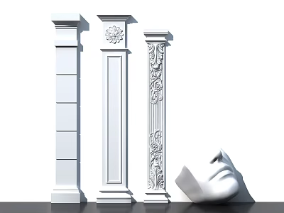 White Classical Columns with Ornate Carved Details and Sculptural Head Accent 3d model