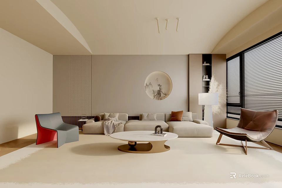 Modern Neutral Tones Living Room Interior With Sofa Accent Chairs And Circular Wall Decor 3d model 
