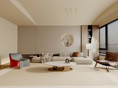 Modern Neutral Tones Living Room Interior With Sofa Accent Chairs And Circular Wall Decor 3d model
