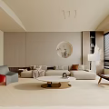 Modern Neutral Tones Living Room Interior With Sofa Accent Chairs And Circular Wall Decor