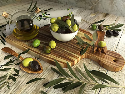 Fresh Green And Black Olives On Wooden Cutting Board With Olive Oil Bottle And Branches 3d model