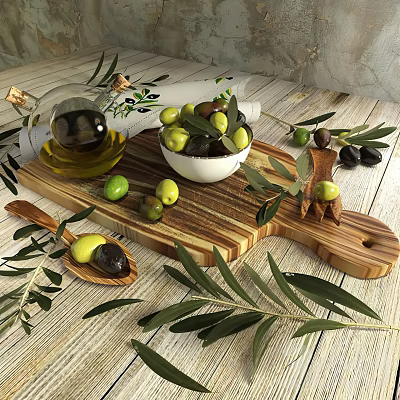 Fresh Green And Black Olives On Wooden Cutting Board With Olive Oil Bottle And Branches 3d model