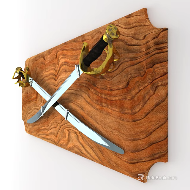 Two Crossed Swords With Golden Hilts On Wooden Textured Background 3d model 