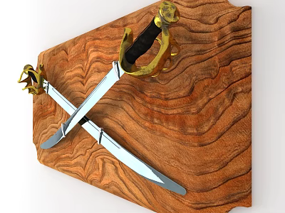 Two Crossed Swords With Golden Hilts On Wooden Textured Background 3d model