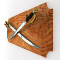 Two Crossed Swords With Golden Hilts On Wooden Textured Background