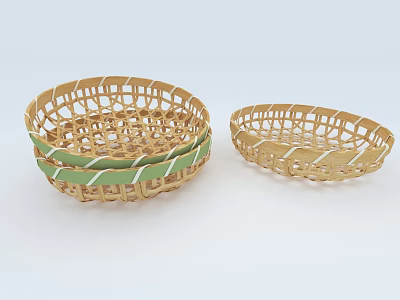 Handwoven Wicker Baskets With Yellow And Green Strips For Storage Decor 3d model