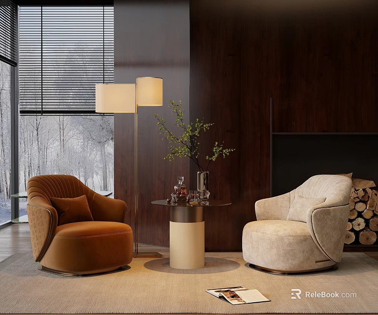 Brown and Beige Leisure Chairs with Small Table Wooden Wall Floor Lamp and Window 3d model 