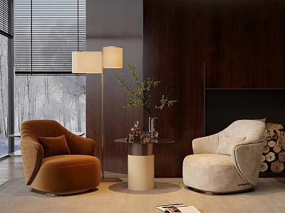Brown and Beige Leisure Chairs with Small Table Wooden Wall Floor Lamp and Window 3d model