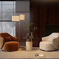 Brown and Beige Leisure Chairs with Small Table Wooden Wall Floor Lamp and Window