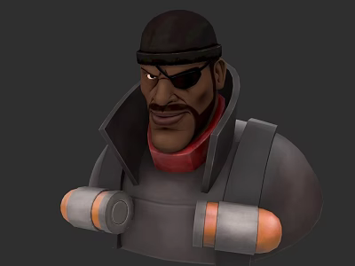 3D Animated Game Character With Black Beanie One Eyepatch Red Scarf And Gray Coat 3d model