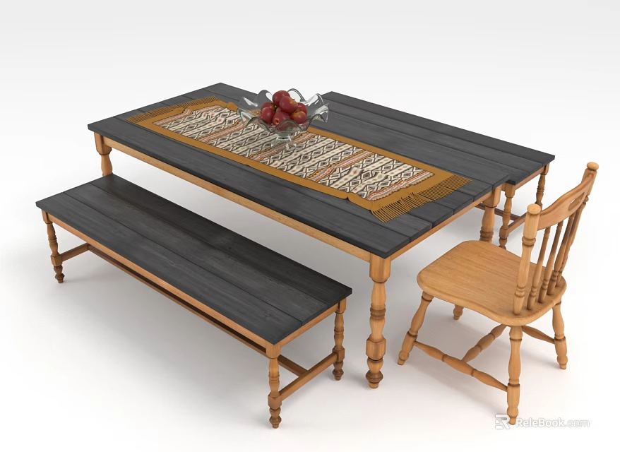Fresh Fruits In Glass Bowl On Wooden Dining Table With Table Runner And Bench Chair 3d model 