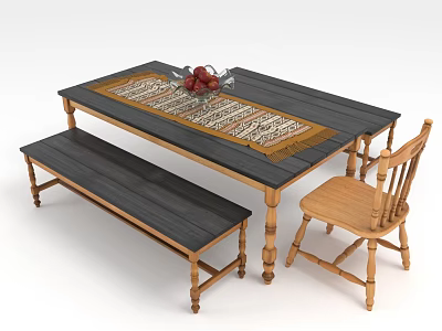 Fresh Fruits In Glass Bowl On Wooden Dining Table With Table Runner And Bench Chair 3d model