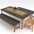 Fresh Fruits In Glass Bowl On Wooden Dining Table With Table Runner And Bench Chair