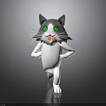 Cartoon Gray And White Cat With Green Eyes Running Open Mouth On Gray Background