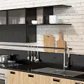 Modern Kitchen With Wooden Cabinets Black Countertop And Stainless Steel Oven Green Apples Hanging Utensils
