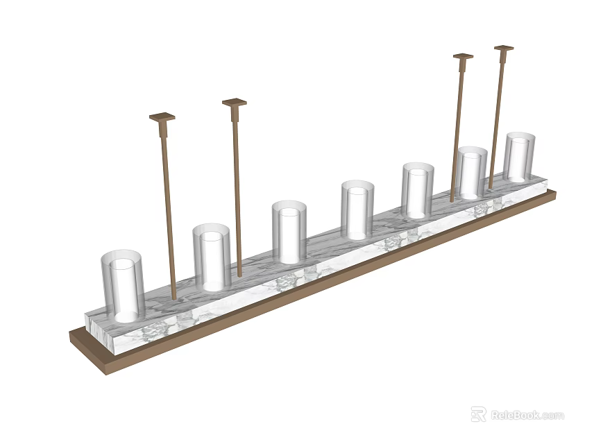 Long Strip Chandelier With Multiple Cylindrical Glass Shades And Metal Support Rods Design 3d model 