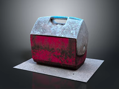Vintage Red And Gray Box With Blue Handle Worn Surface On Gray Mat Dark Background 3d model